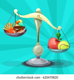 The choice between healthy food and fast food. The scales show the right way