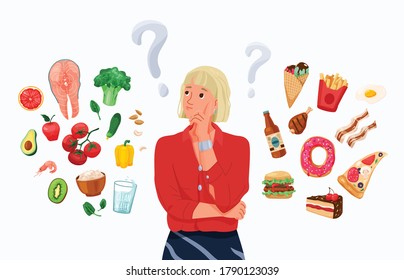 Choice between healthy and unhealthy food concept vector background. Happy young blond woman thinking about choosing menu. Difficult choosing. Flat illustration in cartoon style.