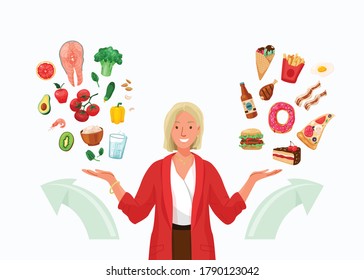 Choice between healthy and unhealthy food vector background. Happy young woman choosing something in both flat hands gesture. Arrows indicate direction selection. Flat illustration in cartoon style.