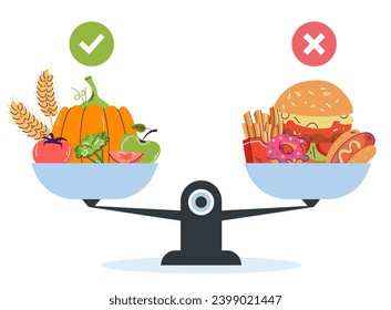 Choice between healthy and unhealthy food concept. Vector design graphic illustration