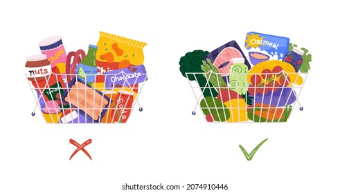 Choice between healthy and unhealthy products concept. Vegetables vs fast food in the supermarket. Detox diet for female based on right proteins, fats, oils and carbohydrates. Meal helps loose weight 
