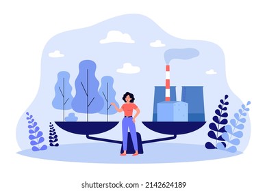 Choice between industrial production and nature for woman. Tiny person standing near scales with trees and factory flat vector illustration. Eco concept for banner, website design or landing web page