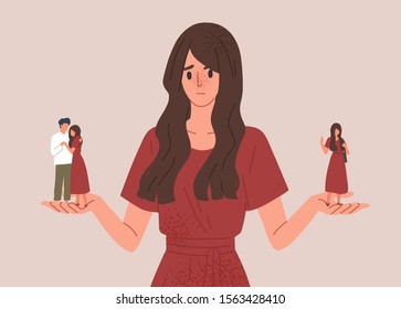 Choice between loneliness and relationships concept vector illustration. Girl hesitating to be alone or start dating. Pros and cons of romantic relationships. Advantages and disadvantages.