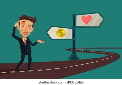 Choice between love and money. Vector cartoon flat illustration