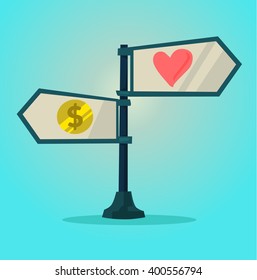 Choice between love and money. Vector cartoon flat illustration