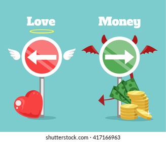 Choice between love and money. Vector flat cartoon illustration
