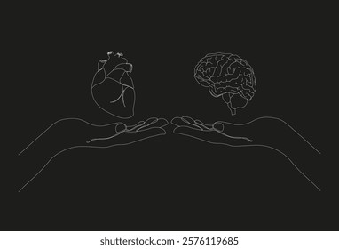 Choice between mind and heart. Human brain and heart on human hands. Hand drawn vector illustration. Line art. black background.