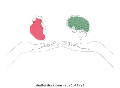 Choice between mind and heart. Human brain and heart on human hands. Hand drawn vector illustration. Line art. white background.