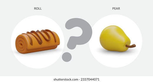 Wahl zwischen natürlichen Speisen und Süßigkeiten. 3d realistische Keksrolle und Birne. Obst, Naturprodukt und kalorienreiches Lebensmittelkonzept. Vektorgrafik auf grauem Hintergrund