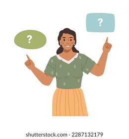 Choice between possible variants or option. Isolated woman making decision, selecting alternative or correct answer. Vector in flat cartoon illustration