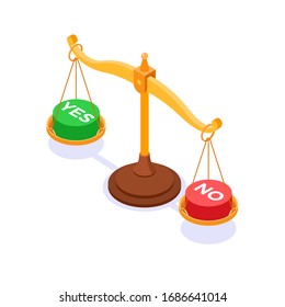 choice between red no button or green yes button on scales isometric education or exam concept isolated vector illustration