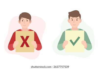 choice between right and wrong. choose. choose good or bad. check mark or cross mark