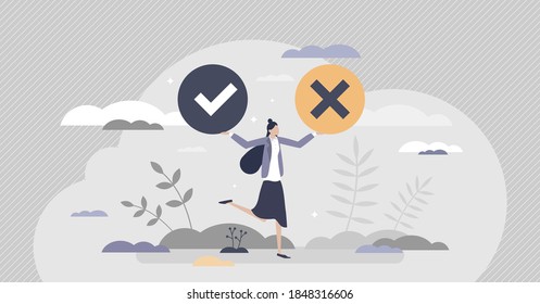 Choice between right and wrong decision and doubt. Dilemma of tiny person concept. Confusion about solution crossroads and options comparison vector illustration. Chance to think for correct strategy.