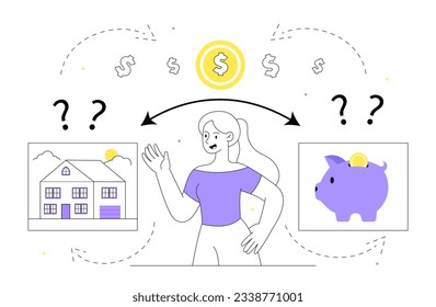 Choice between saving and investing line. Financial literacy and passive income. Young girl stands next to house and piggy bank. Family budget and trading. Linear flat vector illustration