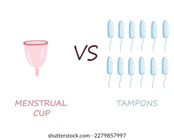 Elección entre tampones y taza menstrual. Protección menstrual, ilustración vectorial. 