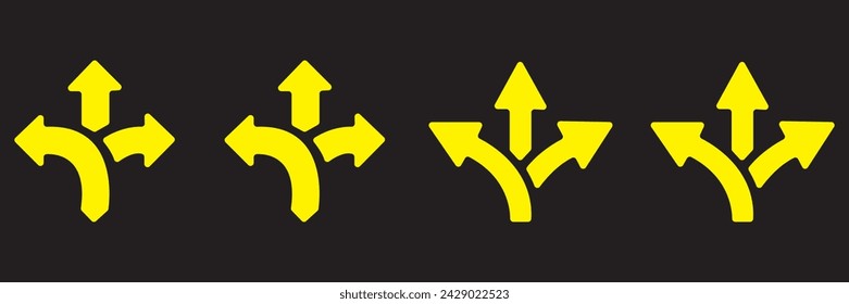 Choice between three roads icon set. Three-way directional arrow. Way, road, direction, branching, arrows , Icon for design. Easily editable, pathway, opportunity, logo, split, choose, three concept,