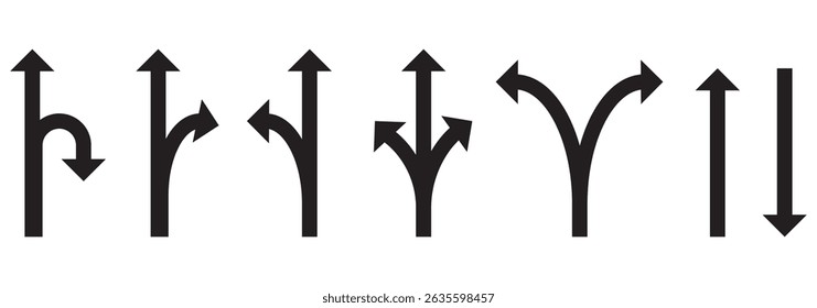 Choice between three roads icon set. Three-way directional arrow. Way, road, direction, branching, arrows , Icon for design. Easily editable, pathway, opportunity, logo, split, choose, three concept