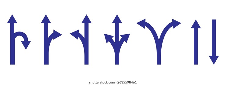 Choice between three roads icon set. Three-way directional arrow. Way, road, direction, branching, arrows , Icon for design. Easily editable, pathway, opportunity, logo, split, choose, three concept