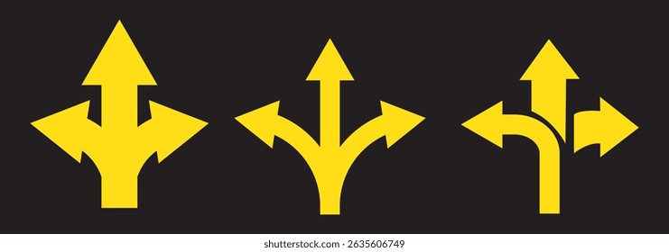 Choice between three roads icon set. Three-way directional arrow. Way, road, direction, branching, arrows , Icon for design. Easily editable, pathway, opportunity, logo, split, choose, three concept. 