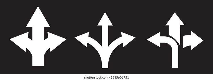 Choice between three roads icon set. Three-way directional arrow. Way, road, direction, branching, arrows , Icon for design. Easily editable, pathway, opportunity, logo, split, choose, three concept. 