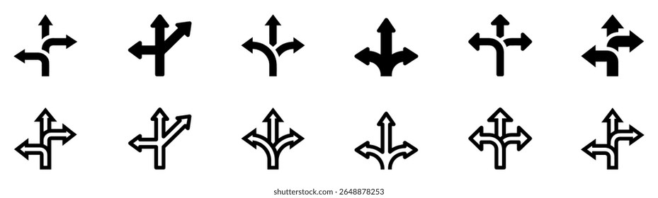 Choice between three roads icon set. Three-way directional arrow. Way, road, direction, branching, arrows , Icon for design. Easily editable, pathway, opportunity, logo, split, choose, three concept.