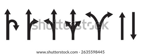 Choice between three roads icon set. Three-way directional arrow. Way, road, direction, branching, arrows , Icon for design. Easily editable, pathway, opportunity, logo, split, choose, three concept