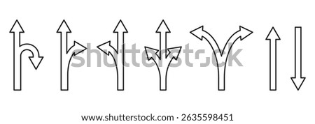Choice between three roads icon set. Three-way directional arrow. Way, road, direction, branching, arrows , Icon for design. Easily editable, pathway, opportunity, logo, split, choose, three concept