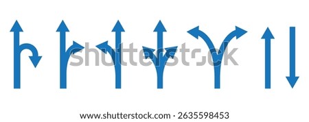 Choice between three roads icon set. Three-way directional arrow. Way, road, direction, branching, arrows , Icon for design. Easily editable, pathway, opportunity, logo, split, choose, three concept