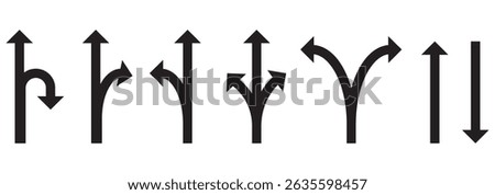 Choice between three roads icon set. Three-way directional arrow. Way, road, direction, branching, arrows , Icon for design. Easily editable, pathway, opportunity, logo, split, choose, three concept