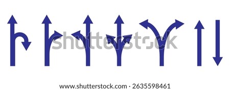 Choice between three roads icon set. Three-way directional arrow. Way, road, direction, branching, arrows , Icon for design. Easily editable, pathway, opportunity, logo, split, choose, three concept