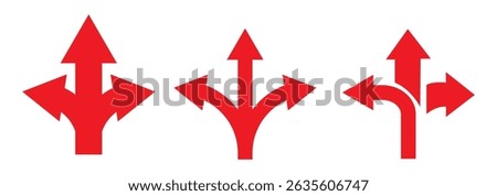 Choice between three roads icon set. Three-way directional arrow. Way, road, direction, branching, arrows , Icon for design. Easily editable, pathway, opportunity, logo, split, choose, three concept. 