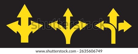 Choice between three roads icon set. Three-way directional arrow. Way, road, direction, branching, arrows , Icon for design. Easily editable, pathway, opportunity, logo, split, choose, three concept. 