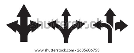 Choice between three roads icon set. Three-way directional arrow. Way, road, direction, branching, arrows , Icon for design. Easily editable, pathway, opportunity, logo, split, choose, three concept. 