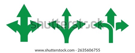 Choice between three roads icon set. Three-way directional arrow. Way, road, direction, branching, arrows , Icon for design. Easily editable, pathway, opportunity, logo, split, choose, three concept. 