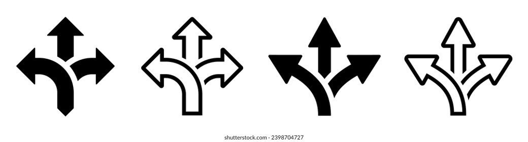 Choice between three roads icons. Three-way directional arrow collection. Way, road, direction, branching, arrows - stock vector.