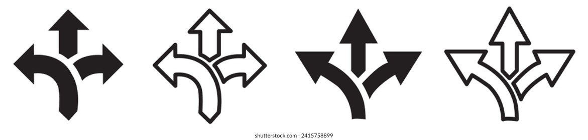 Choice between three roads icons. Three-way directional arrow collection. Way, road, direction, branching, arrows - stock vector.