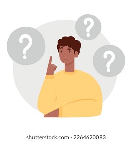Choice between two or more options. Dilemma concept. Puzzled questioned man doubting, deciding, choosing, comparing alternatives, risks. Flat graphic vector illustration isolated on white background.