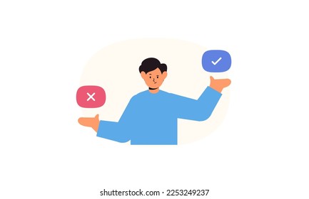 Choice between two options concept. Dilemma concept. Puzzled questioned man doubting, deciding, choosing, comparing alternatives, risks. 