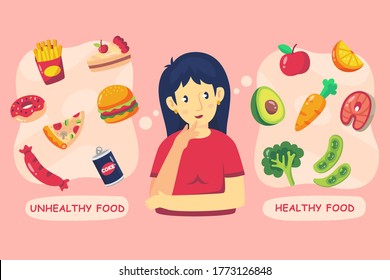 Choice between unhealthy and healthy food illustration, woman character confused to choose food template vector