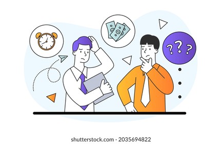 Choice between values concept. Men ask question about importance of time and money. Company employees looking for answer. Cartoon doodle flat vector illustration isolated on white background