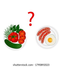Choice between vegan diet or meat diet? Simple flat vector illustration isolated on white background.