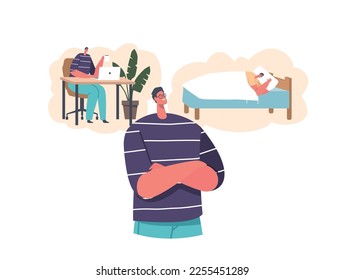 Choice between Work and Sleep by Young Man Isolated on White Background. Student Choosing between Online Lesson and Rest. Thoughtful Character Making Decision. Cartoon People Vector Illustration