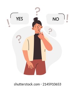 Choice between yes or no concept. Thoughtful woman makes decision between positive and negative, true or false. Metaphor for finding solution to problem or selection. Cartoon flat vector illustration