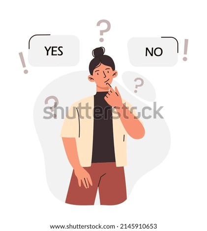 Choice between yes or no concept. Thoughtful woman makes decision between positive and negative, true or false. Metaphor for finding solution to problem or selection. Cartoon flat vector illustration