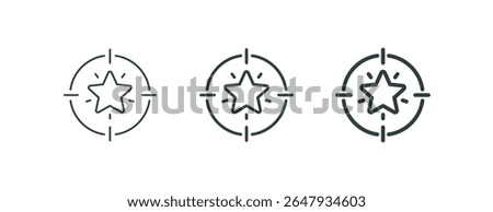 Choice bonuses and loyalty, seeking benefit outline icons. Line signs aim with a shining five-pointed star. Vector isolated pictograms for web and apps on white background editable stroke.