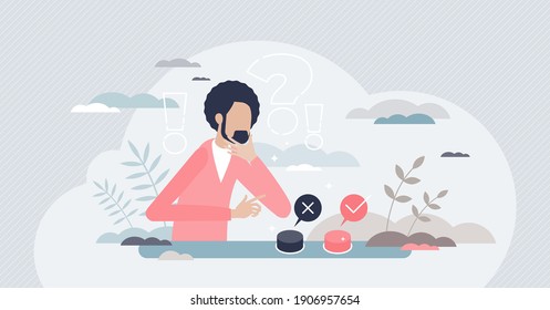 Choice buttons as choose one option and make decision tiny person concept. Dilemma about two possible opportunities opinion and struggle for selection vector illustration. Compare alternative answers.
