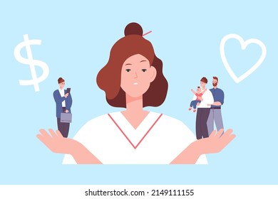 Choice Of Career Or Family. Woman Between Work Professional Businesswoman And Mother Responsibilities, Balance Life Decision Vector Illustration. Choice Career Or Family, Balance For Businesswoman