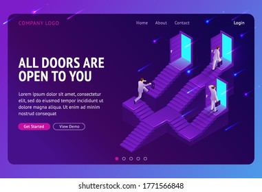 Choice, career ladder isometric landing page. Business opportunity, way to success. Businessman choose doors on stairs, decision, solution for job or life path. Monty hall problem 3d vector web banner