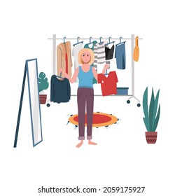 
choice of clothes. doubts. girl in the dressing room. vector cartoon illustration
