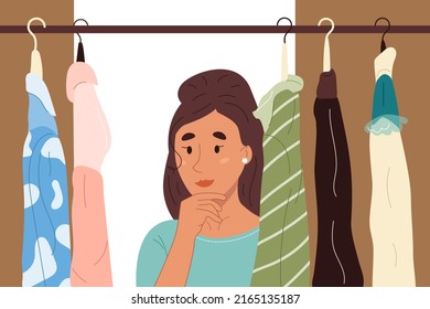 Choice of clothes, nothing to wear concept. Confused thoughtful young woman deciding what to wear. Outfit on hanger in wardrobe at home. Flat cartoon vector illustration 